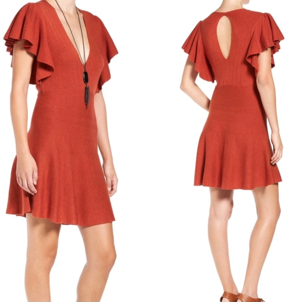 Free People Rust Red Knit Flutter Sleeve Dress NWT $148 Size S